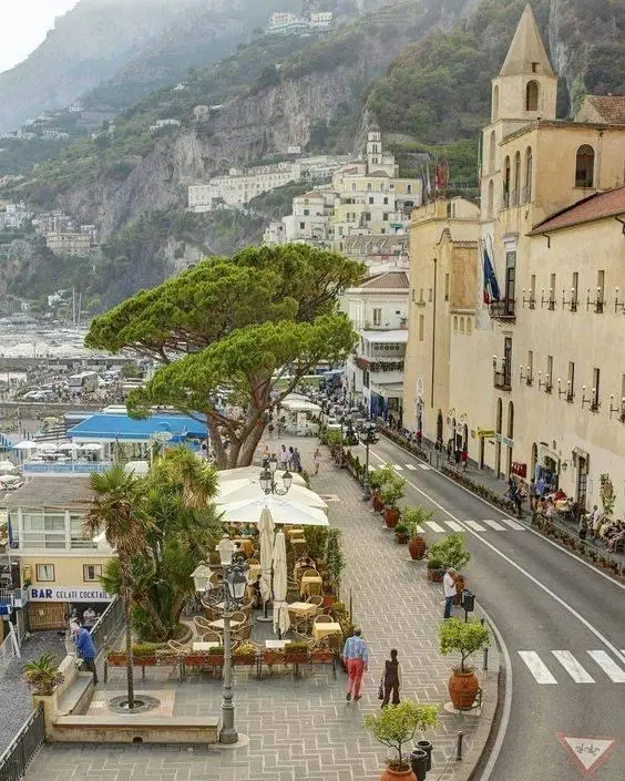 Scenic view of seaside village buildings