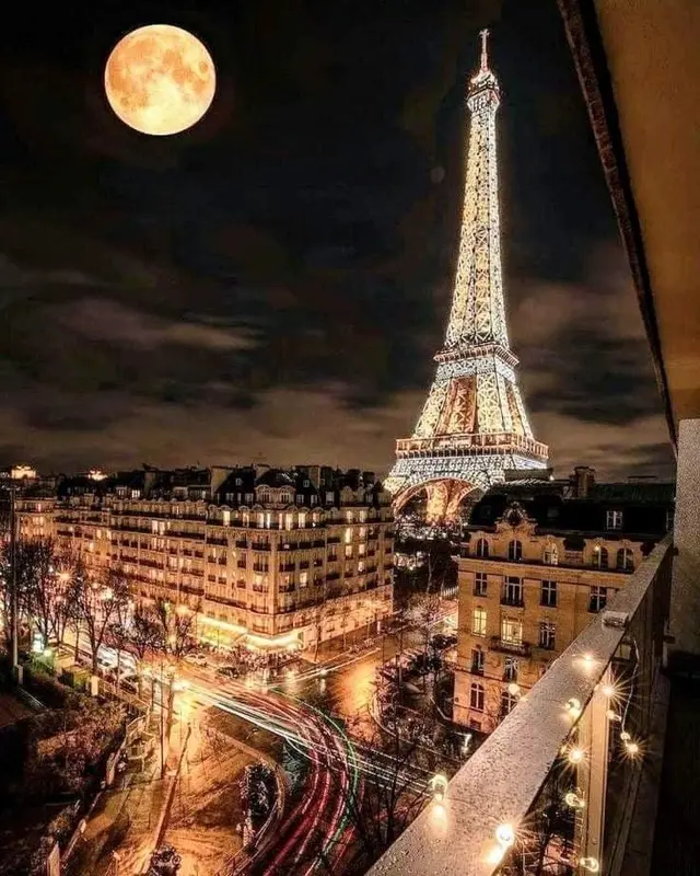 Illuminated Eiffel Tower and city lights